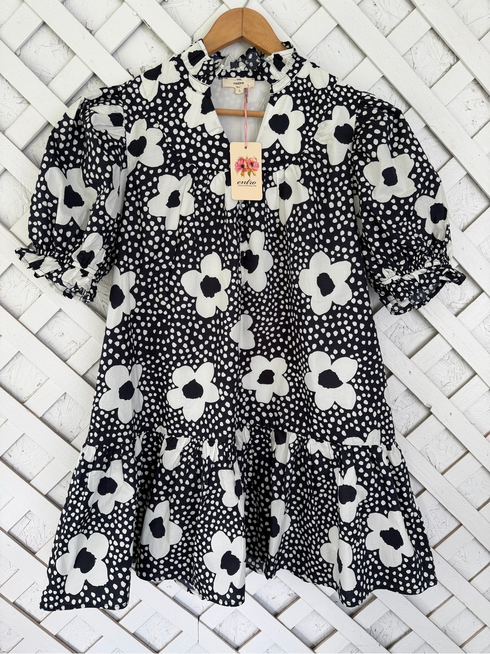 Entro Navy & White Floral Mini Dress  Puff Sleeve Tiered Dress Large